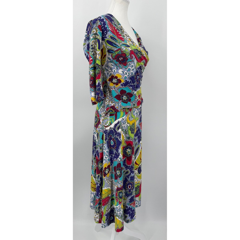 Salaam Womens M Multi-Color Paisley Floral Faux Wrap Midi Dress 3/4 Sleeve Retro
